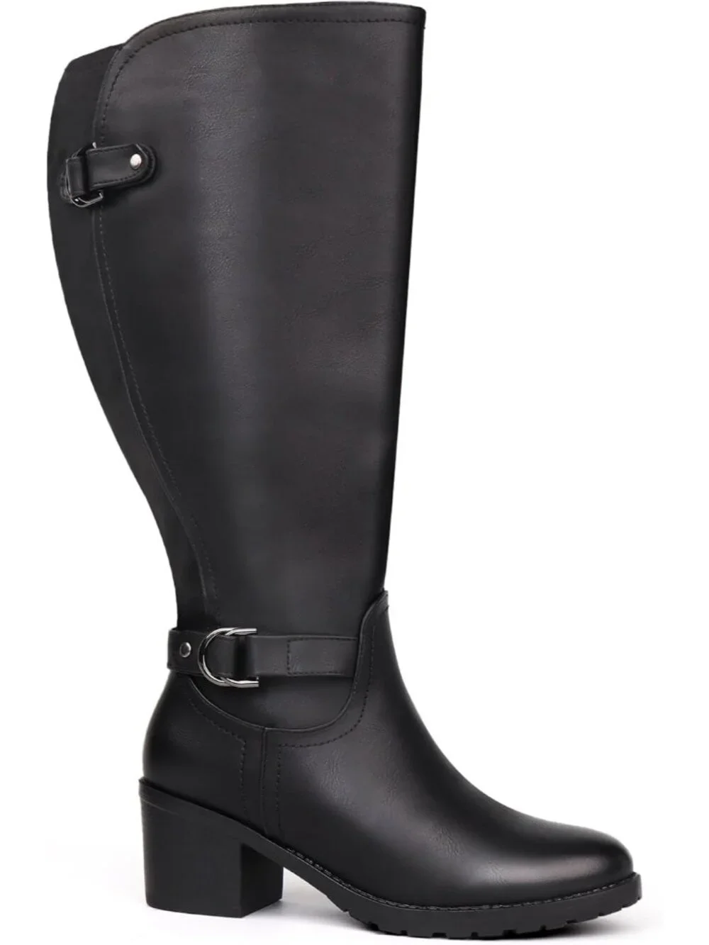 Women's Black/Wool Wide Calf Block Heel Decorated Double Buckle Knee High Boots